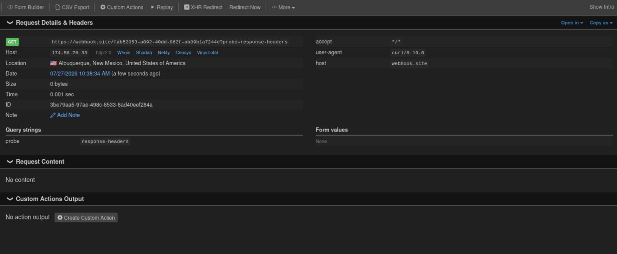 CSP headers showing script-src none and form-action none